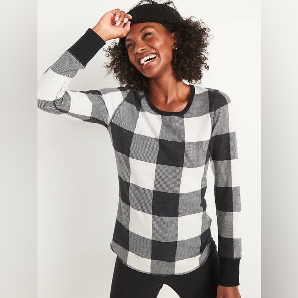 Old Navy Black Buffalo Plaid Thermal Knit Waffle‎ Tee Shirt T-Shirt